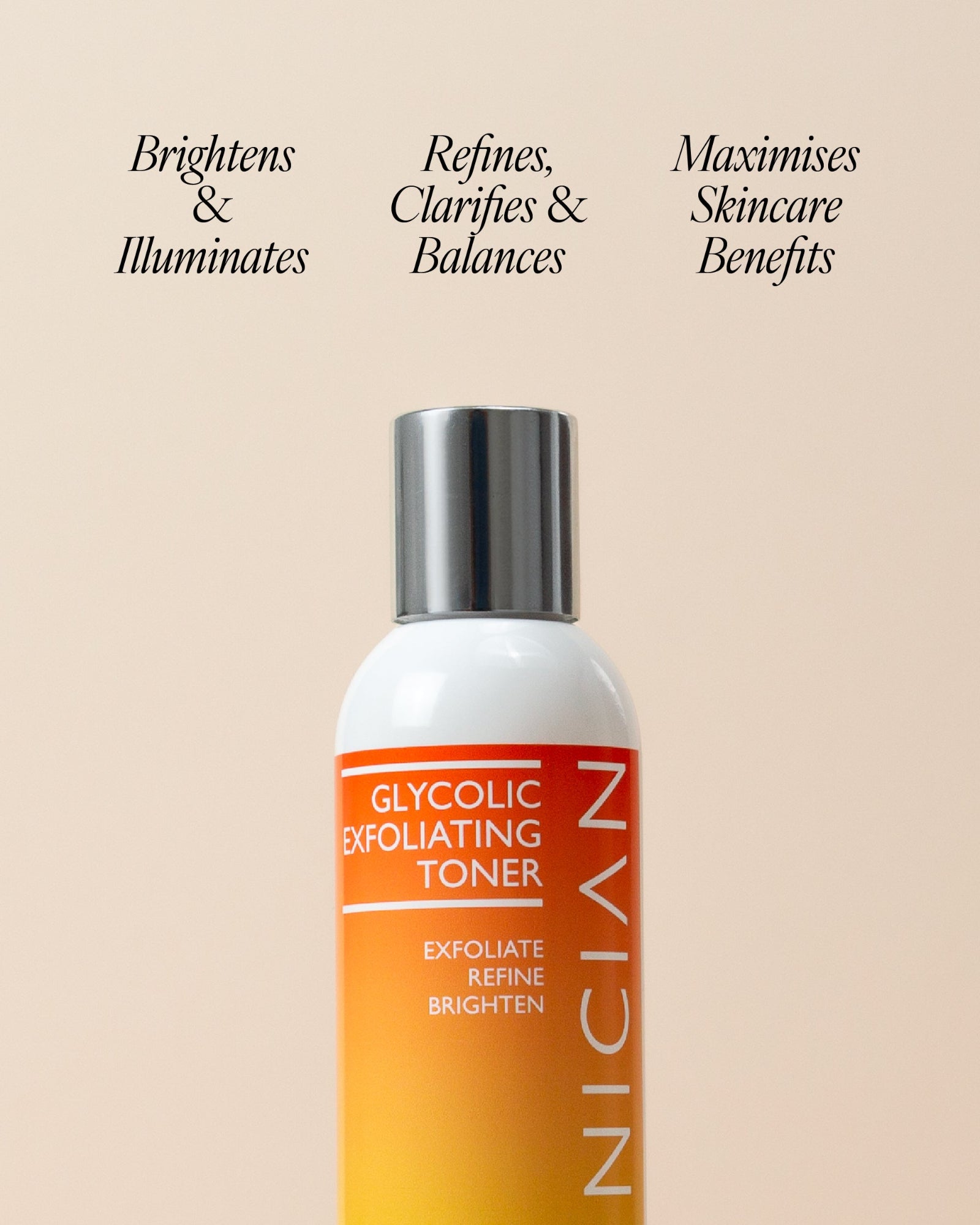 Image of Glycolic Exfoliating Toner on beige background with the following benefits listed: Brightens and illuminates. Refines, clarifies and balances. Maximises skincare benefits