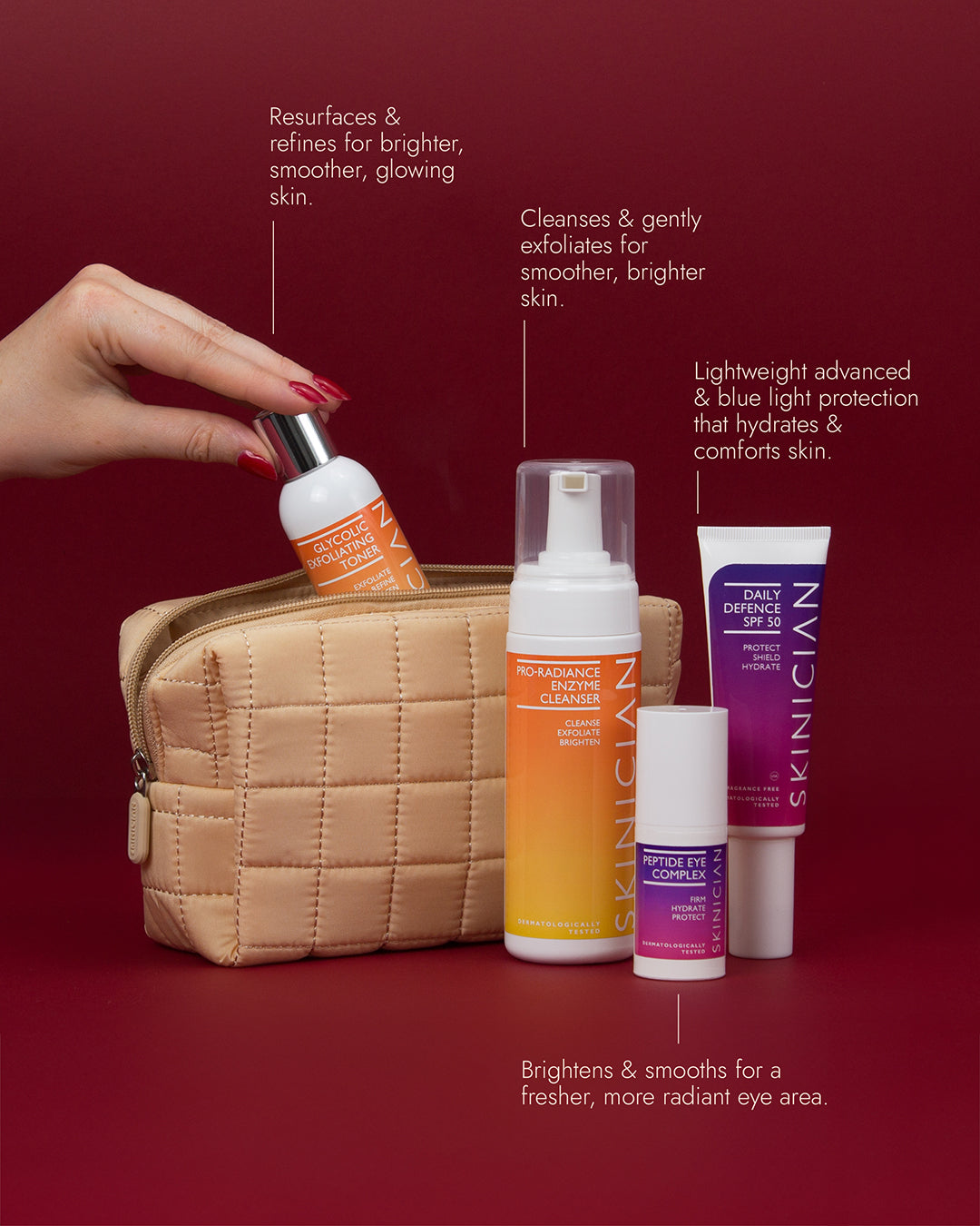 Image of four Skinician skincare products arranged in front of a quilted cosmetic bag on a deep red background. White callout lines with text describe each product's benefits.