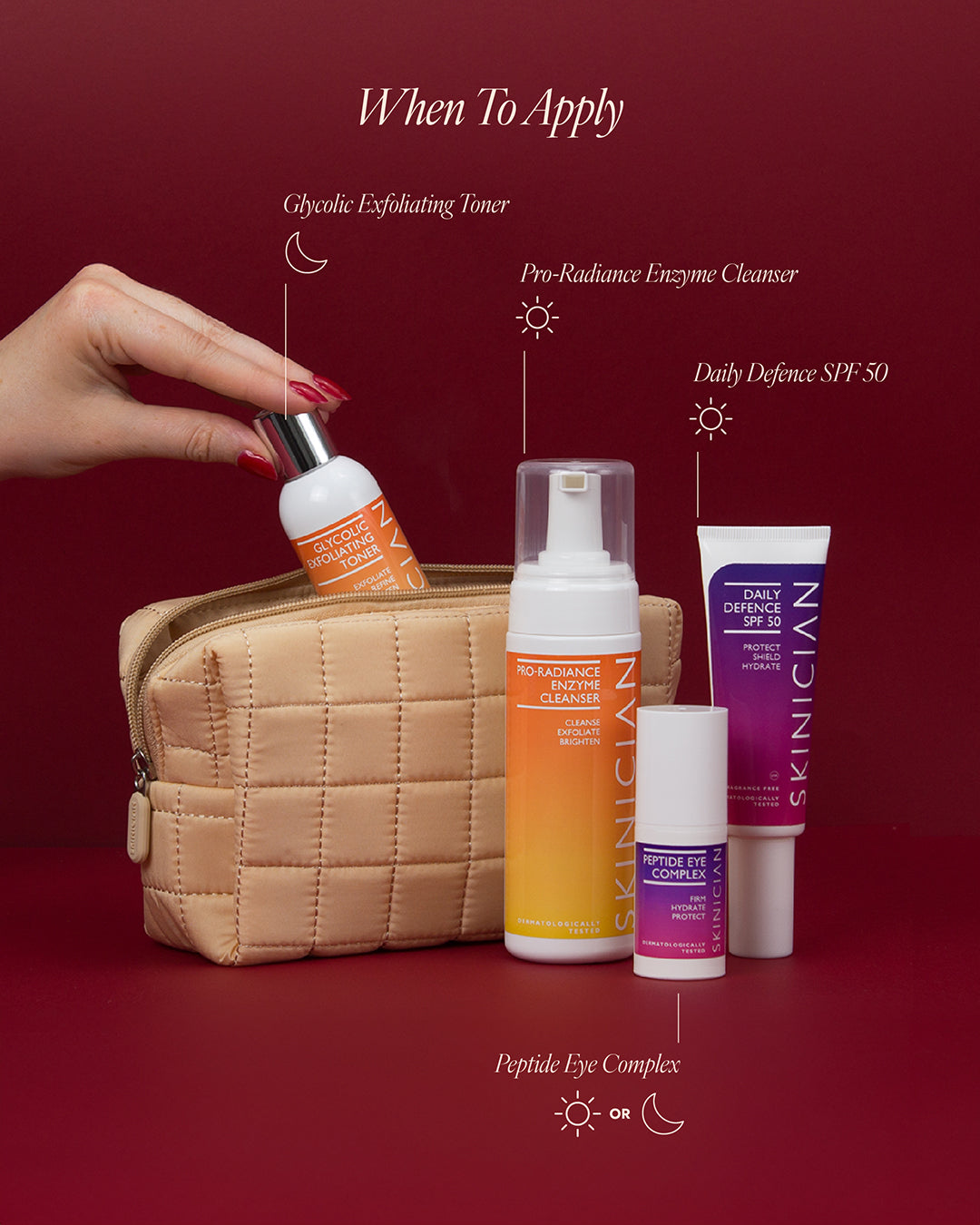 A set of five skincare products from Skincian arranged next to a beige quilted cosmetic bag on a dark red background. bottle. Image gives instructions on when to apply each product.