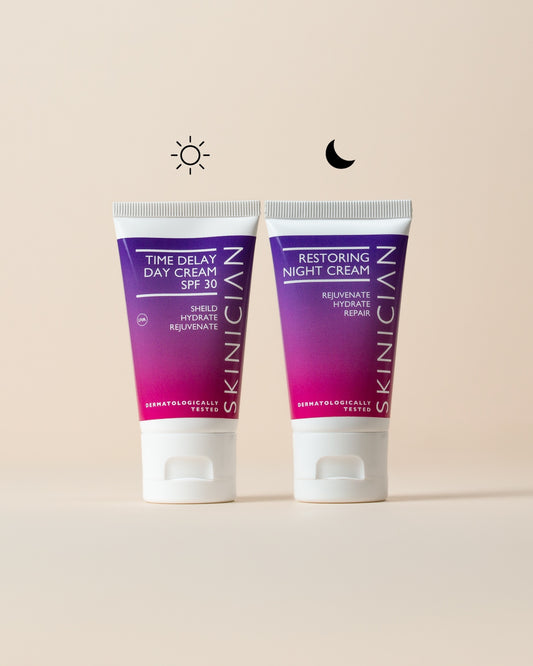 Image of Skinician Day Night Hydration Duo with a sun icon above the Time Delay Day cream to demonstrate it is used in the morning. A moon icon is above the Restoring Night Cream to demonstrate that it should be used at night.