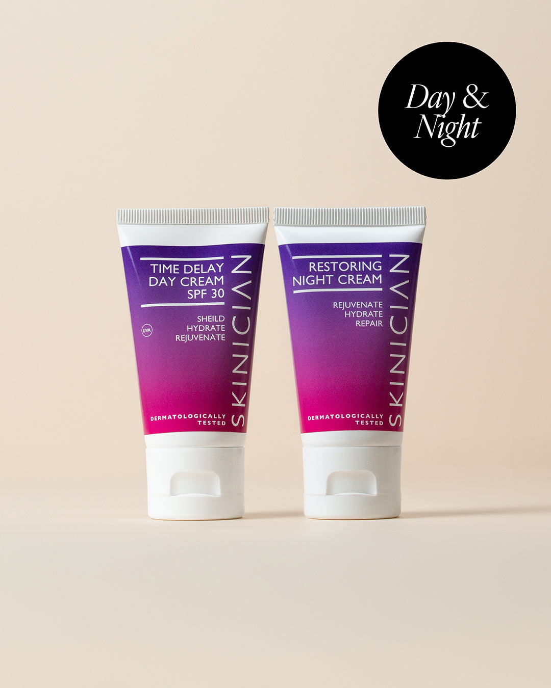 Image of Skinician Time Delay Day Cream and Restoring Night Cream tubes on a beige background. The image features a black circle with the text "day and night"