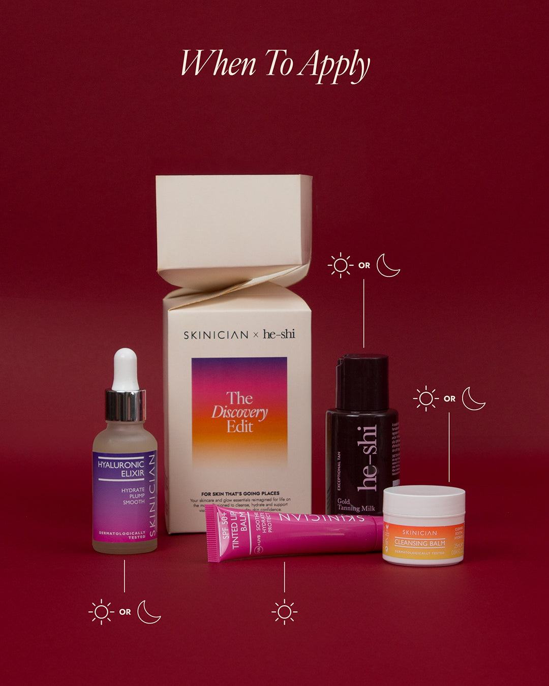 Products in The Discovery Edit on a dark red background. Image gives instructions on when to apply each product.