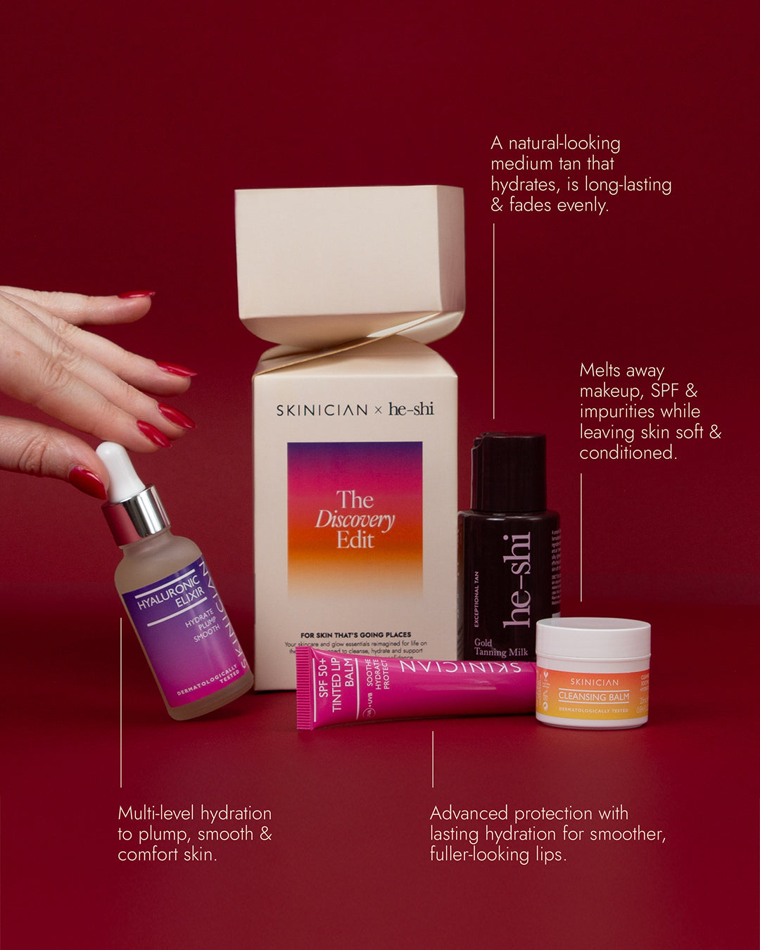 Image of Skinician skincare products contained in The Discovery Edit on a deep red background. White callout lines with text describe each product's benefits.