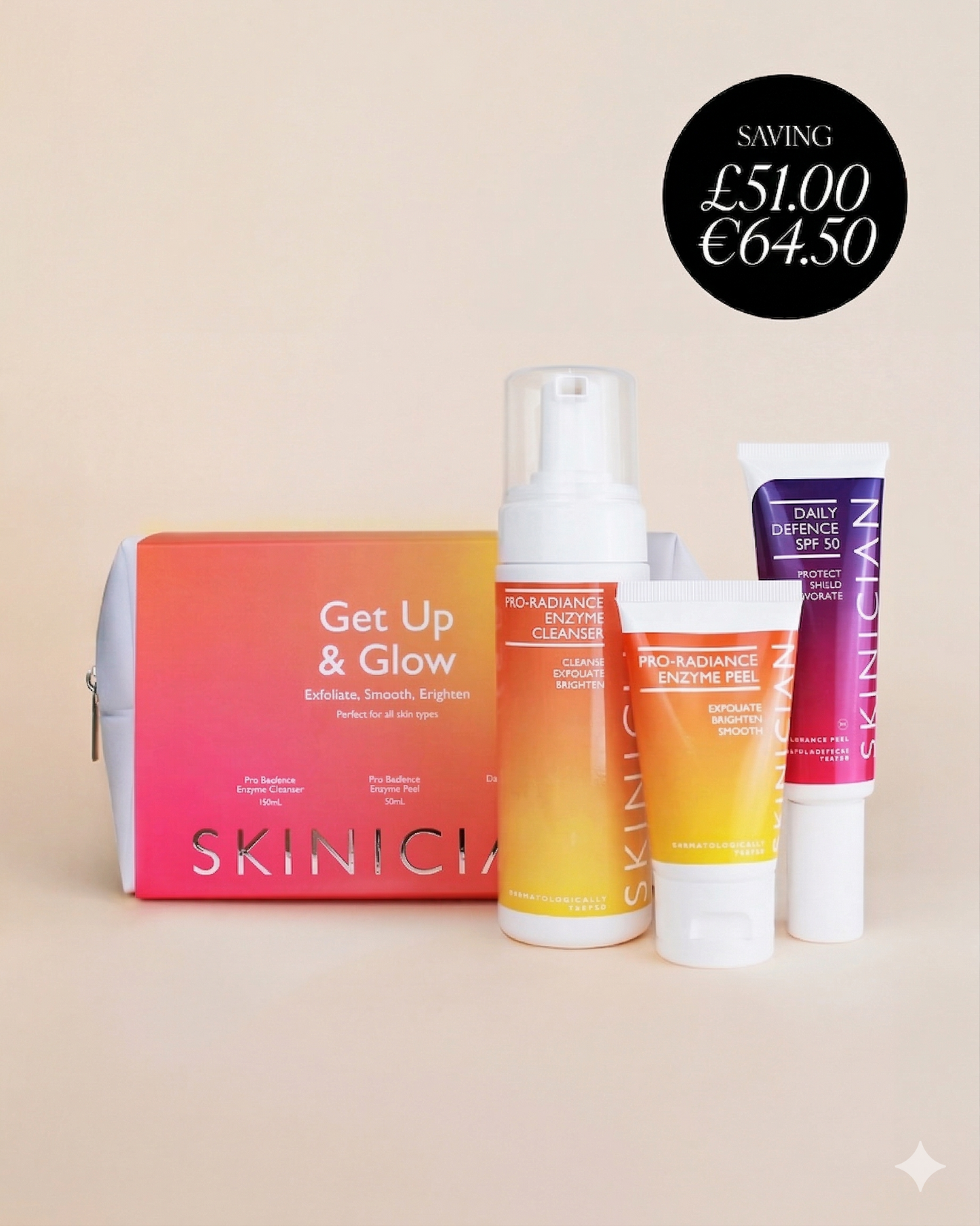 Image of Skinician Get Up & Glow Skincare Set and the products inside on a beige background. The image contains the text "saving £51.00 / €64.50"