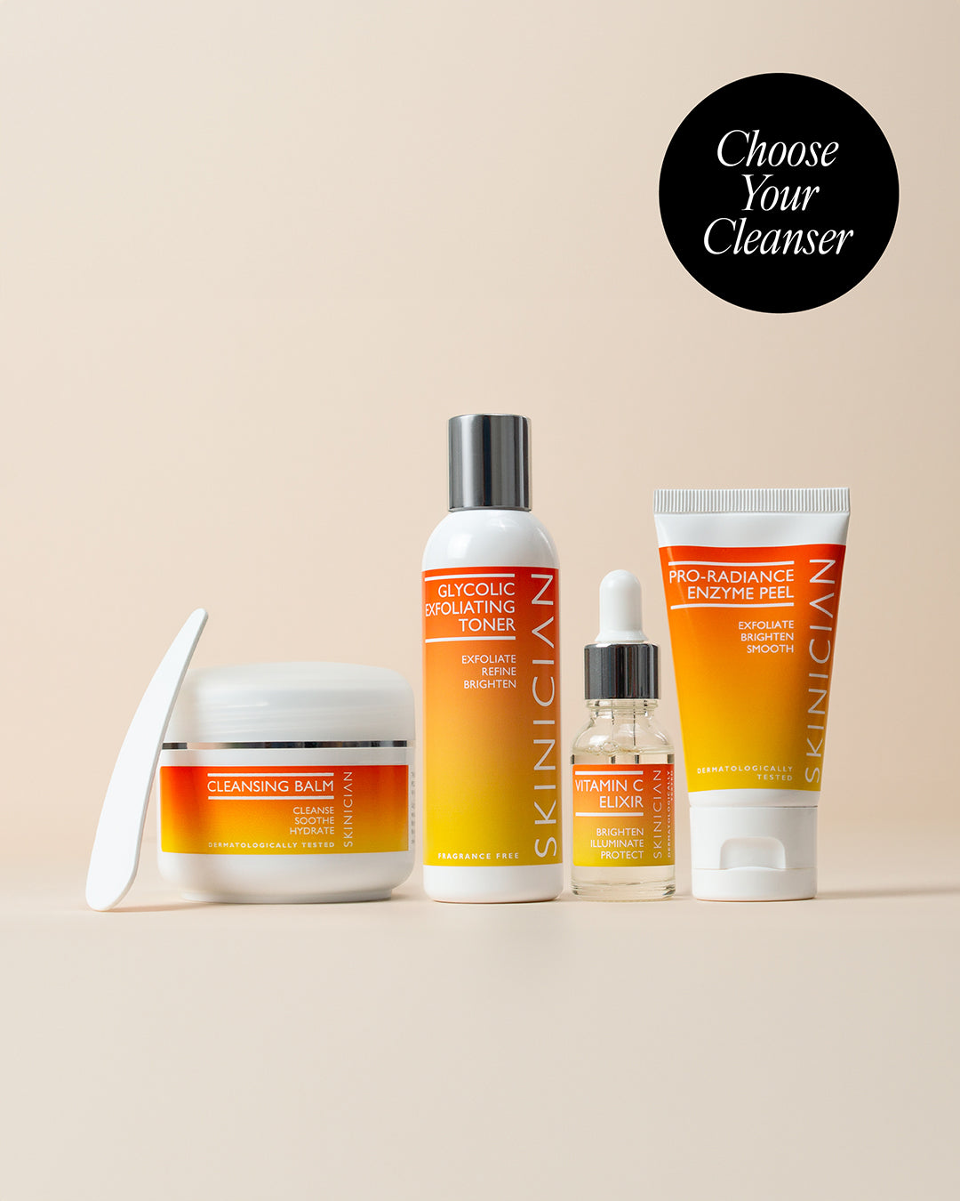 Image of Skinician Cleansing Balm, Glycolic Exfoliating Toner, Vitamin C Elixir and Pro-Radiance Enzyme Peel on a cream background. The image features the text "choose your cleanser"