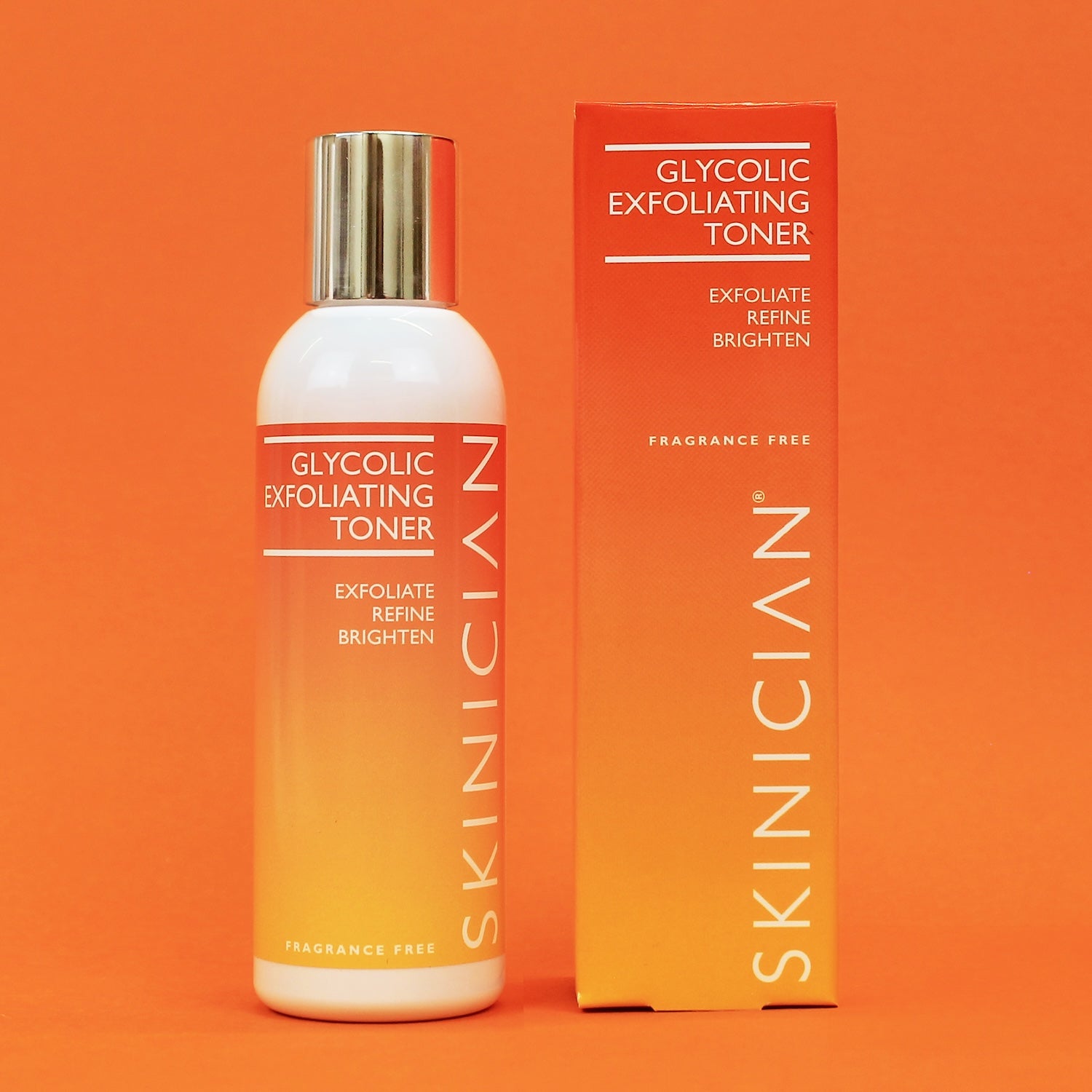 Image of Glycolic Exfoliating Toner bottle and box on orange background