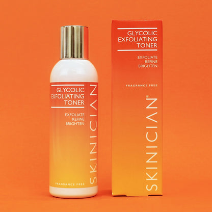 Image of Glycolic Exfoliating Toner bottle and box on orange background