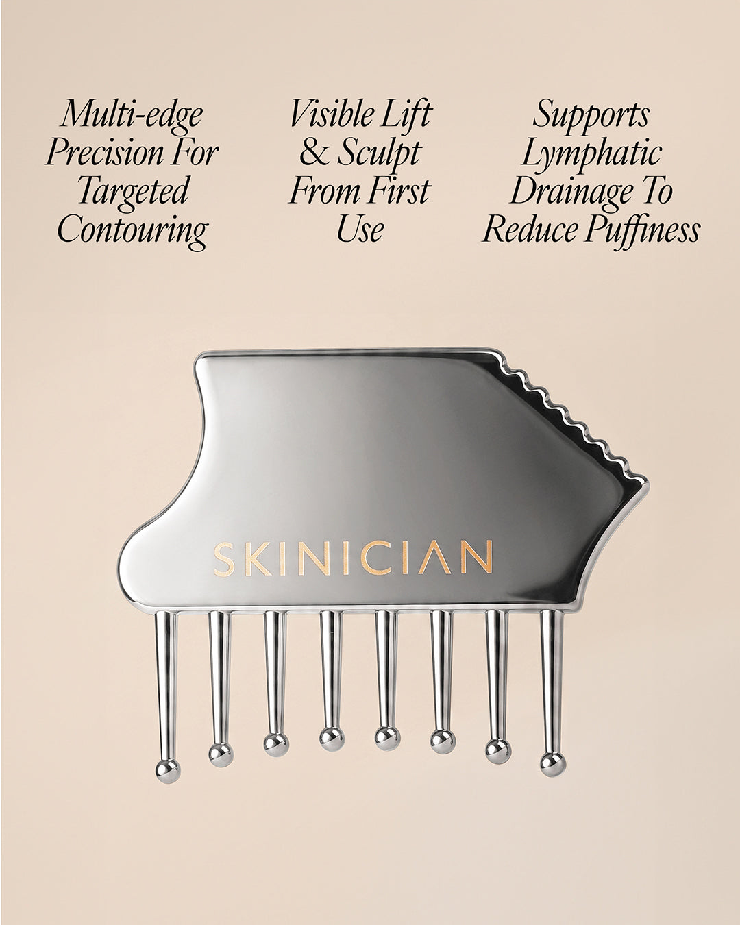 Image of Skinician Gua Sha on beige background and with text describing the benefits