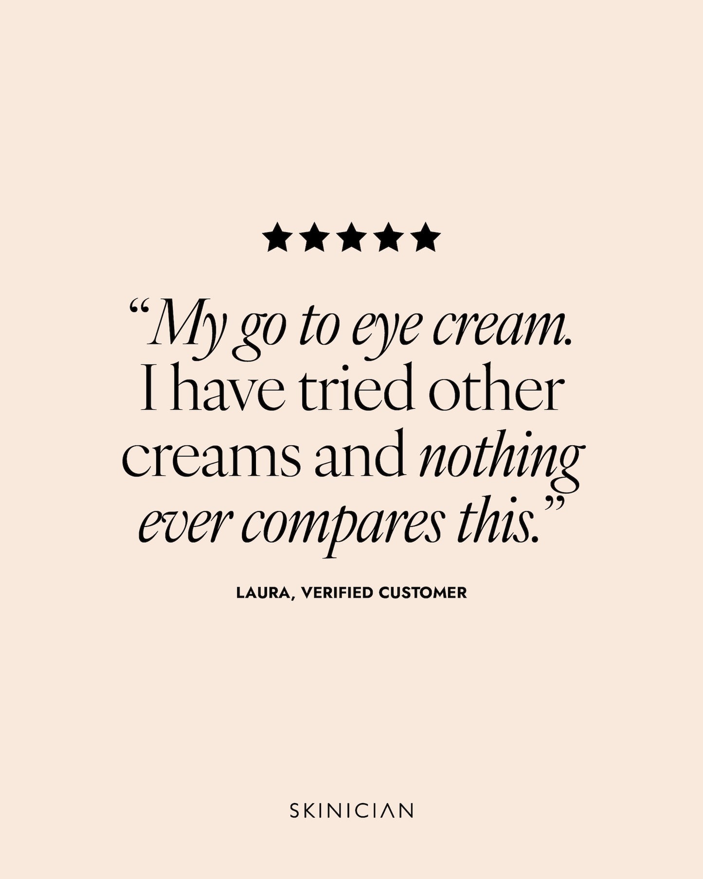 Product review quote from a verified customer on a beige background with star rating. Review reads "my go to eye cream. I have tried other creams and nothing ever compares to this."