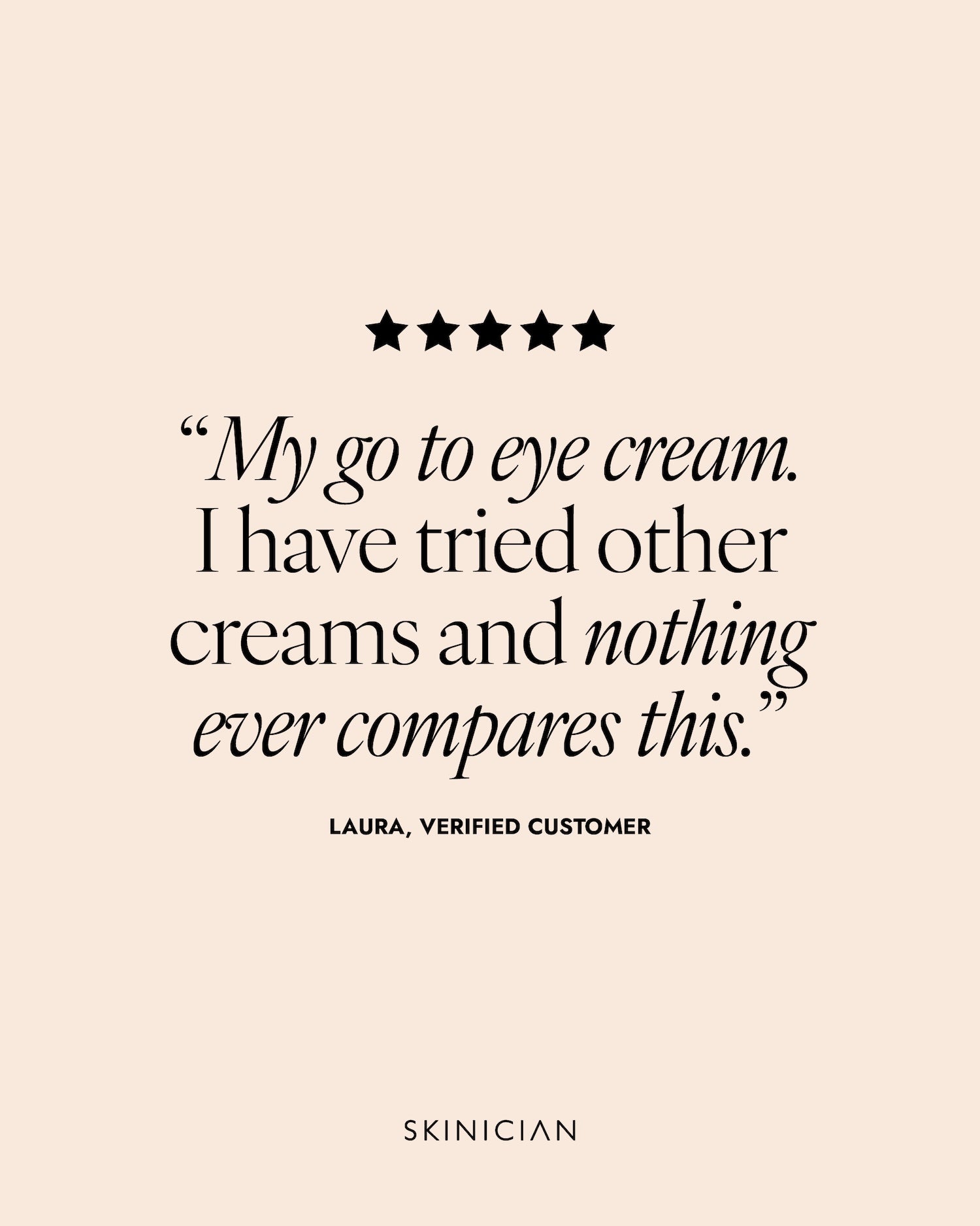 Product review quote from a verified customer on a beige background with star rating. Review reads 