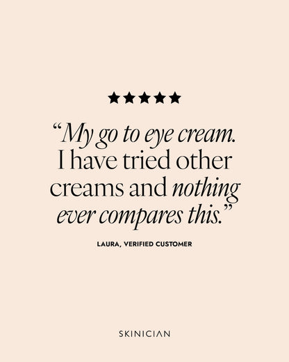 Product review quote from a verified customer on a beige background with star rating. Review reads "my go to eye cream. I have tried other creams and nothing ever compares to this."