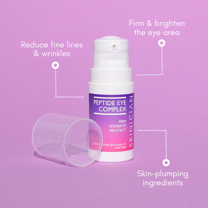 Image of Skinician Peptide Eye Complex bottle on purple background with text highlighting the product benefits. The text reads "Reduce fine lines and wrinkles. Firm and brighten the eye area. Skin plumping ingredients"