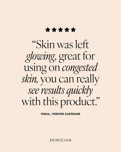 Product review text on a beige background with star ratings. Review reads "Skin was left glowing, great for using on congested skin, you can really see results quickly with this product."