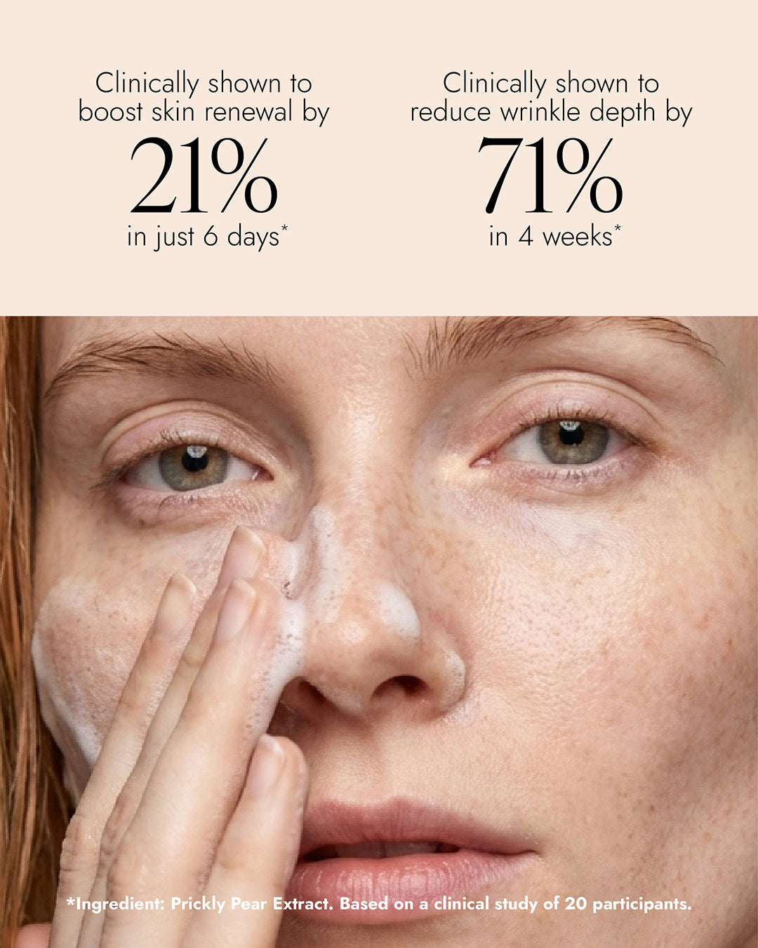 Image of woman applying Pro-Radiance Enzyme Cleanser to her skin with text "Clinically shown to boost skin renewal by 21% in just 6 days. Clinically shown to reduce wrinkle depth by 71% in 4 weeks."