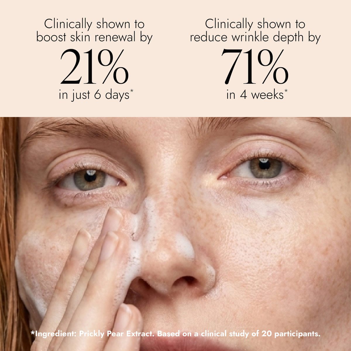Image of woman applying Pro-Radiance Enzyme Cleanser to her skin with text "Clinically shown to boost skin renewal by 21% in just 6 days. Clinically shown to reduce wrinkle depth by 71% in 4 weeks."