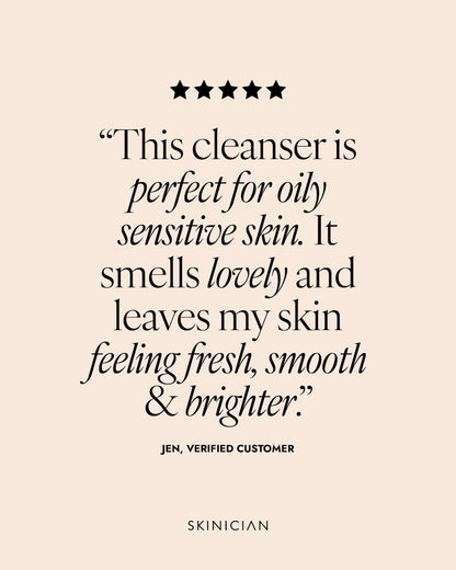 Product review for a cleanser on a beige background with star ratings. Review reads "this cleanser is perfect for oily sensitive skin. It smells lovely and leaves my skin feeling fresh, smooth and brighter."