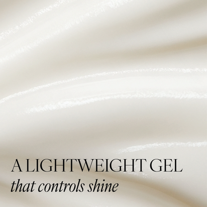 A close-up of gel texture of Purifying Cleansing Gel with text 'A LIGHTWEIGHT GEL that controls shine'.
