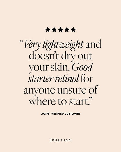 Product review text on a beige background with five stars. Reads "very lightweight and doesn't dry out your skin. Good starter retinol for anyone unsure of where to start."