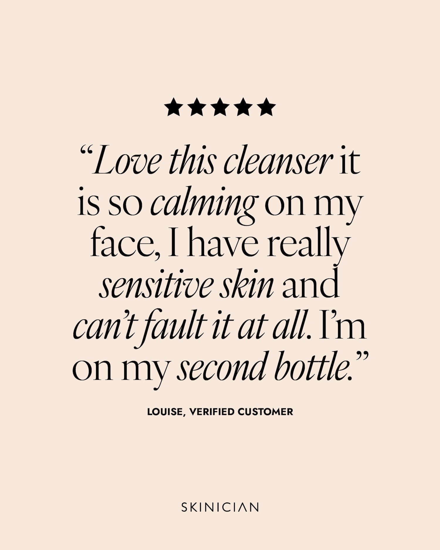 Product review for a cleanser with five stars and a customer quote on a beige background. Review reads 
