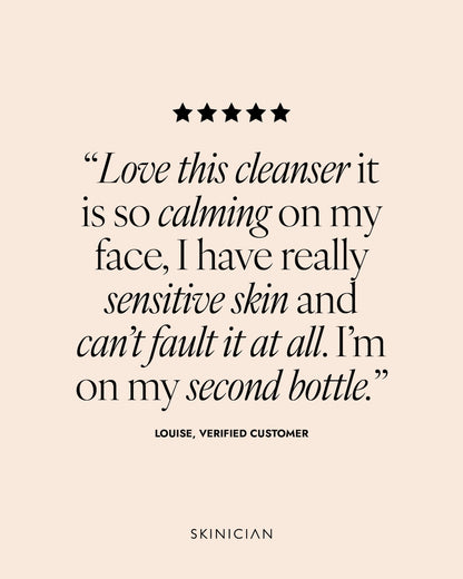 Product review for a cleanser with five stars and a customer quote on a beige background. Review reads "love this cleanser it is so calming on my face, I have really sensitive skin and can't fault it at all. I'm on my second bottle."