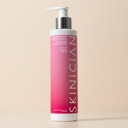Skinician Revitalising Cleanser on a beige background