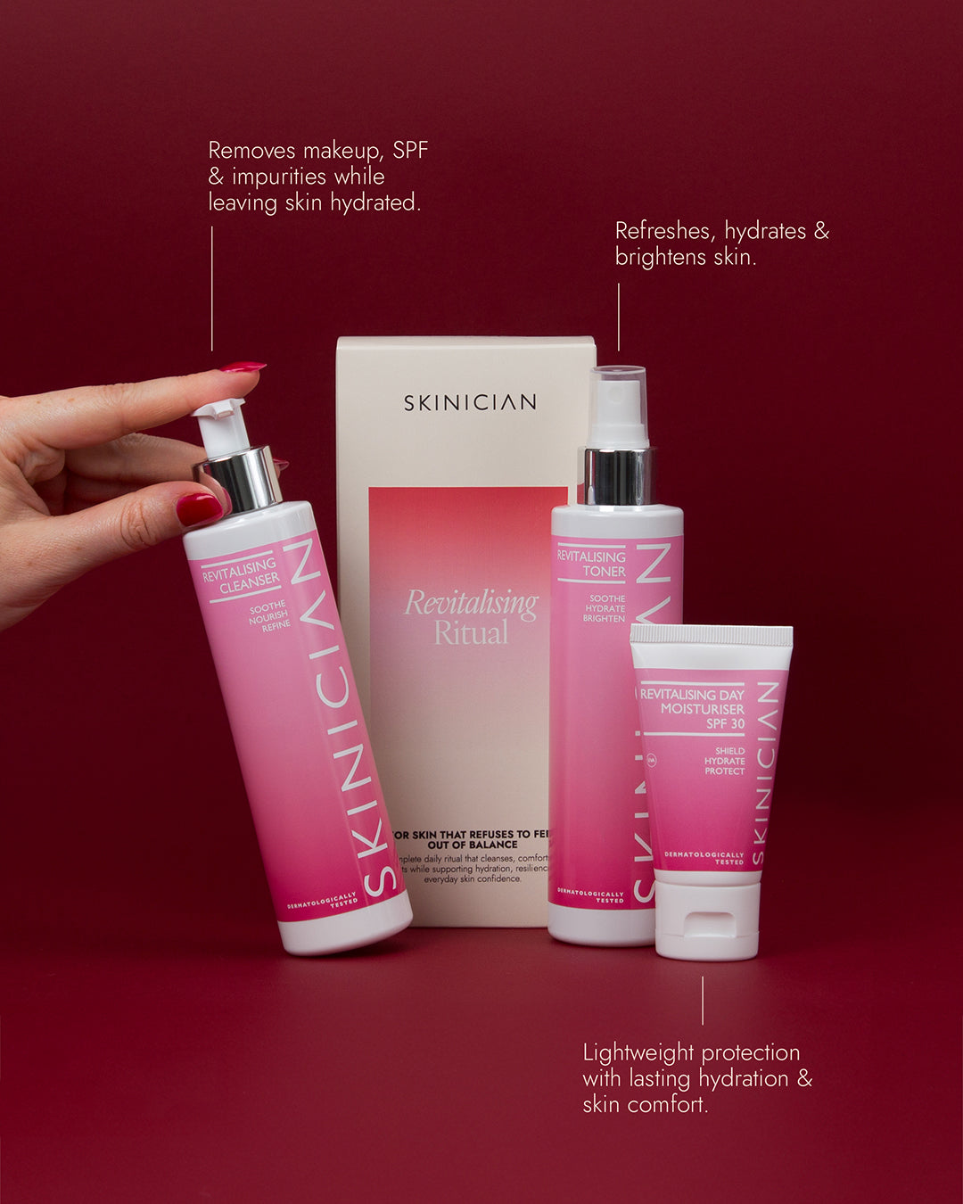 Image of products contained in Revitalising Rituals set with the product benefits included for each.