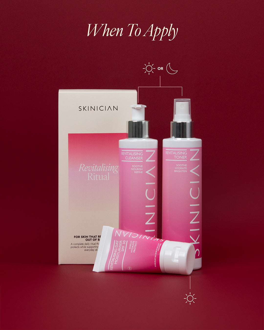 Image of products contained in Revitalising Rituals set with instructions on when to apply each product.