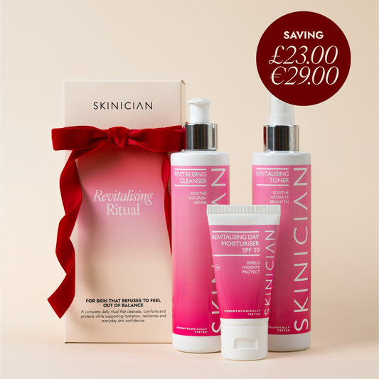 Image of Skinician Revitalising Ritual Gift Set on beige background. Image features a red roundel with text "saving £23 / €29