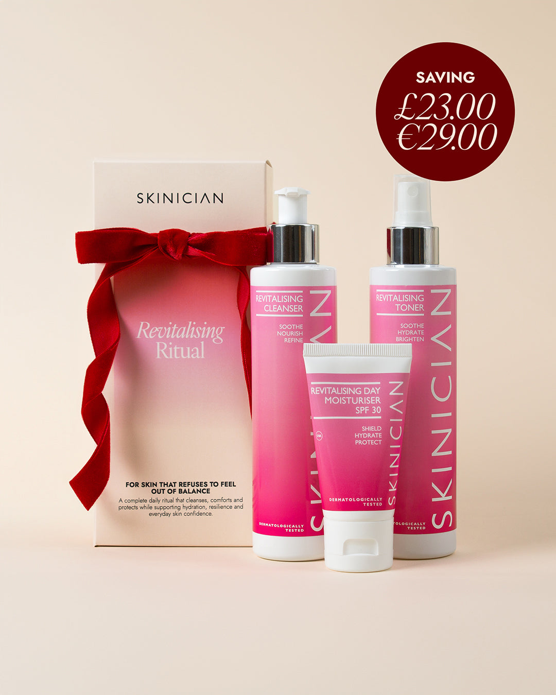 Image of Skinician Revitalising Ritual Gift Set on beige background. Image features a red roundel with text 
