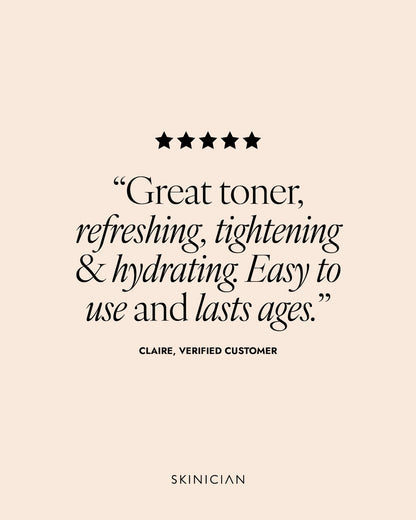 5 star review of Skinician revitalising toner. Review reads "great toner, refreshing, tightening and hydrating. Easy to use and lasts ages."