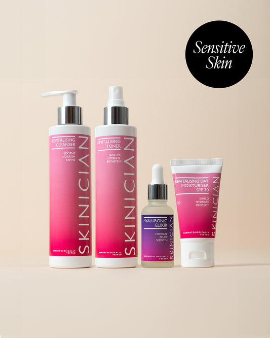 Image of the products included in the Sensitive skin bundle. Including Revitalising Cleanser, Hyaluronic Elixir, Revitalising Toner and Revitalising Day Moisturiser