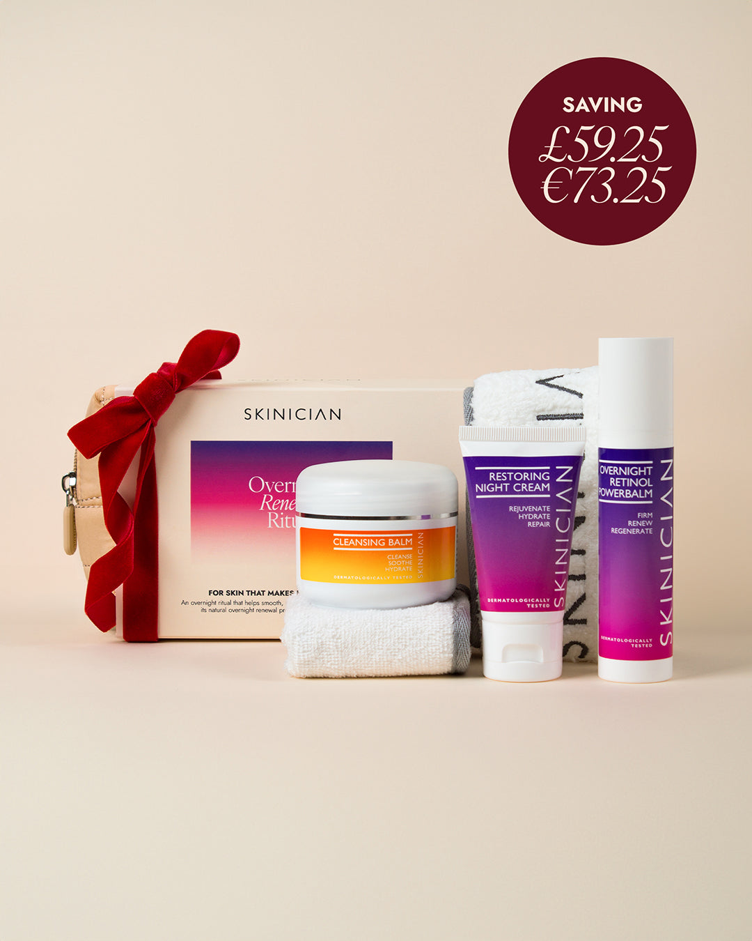 Skinician Overnight Renewal Set tied with a red ribbon, set against a warm beige background with a dark red 'SAVING' badge in the top right.