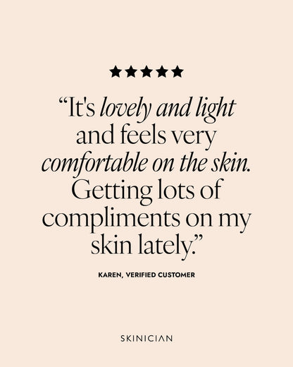 Product review with five-star rating and customer quote on a beige background. Review reads "It's lovely and light and feels very comfortable on the skin. Getting lots of compliments on my skin lately."