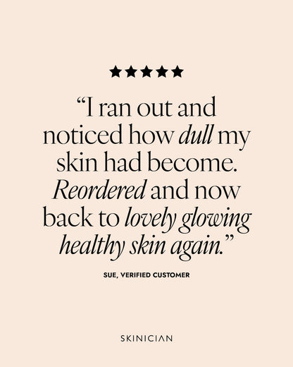 Product review with five-star rating and customer quote on a beige background. Review reads "I ran out and noticed how dull my skin had become. Reordered and now back to lovely glowing healthy skin again."