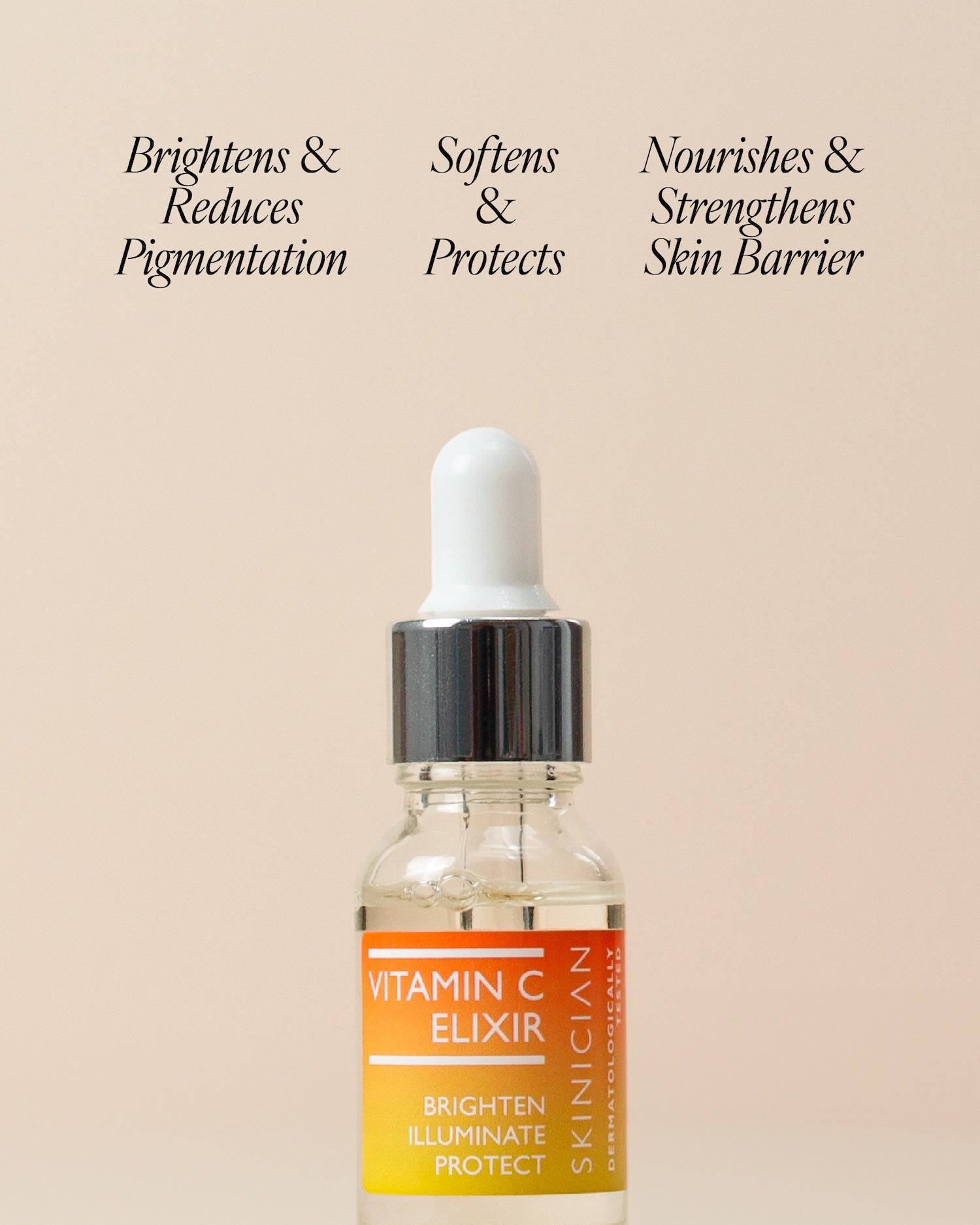Image of the Vitamin C Elixir bottle with text annotations which say 'brightens & reduces pigmentation. Softens & protects. Nourishes & strengthens skin barrier.