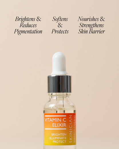 Image of the Vitamin C Elixir bottle with text annotations which say 'brightens & reduces pigmentation. Softens & protects. Nourishes & strengthens skin barrier."