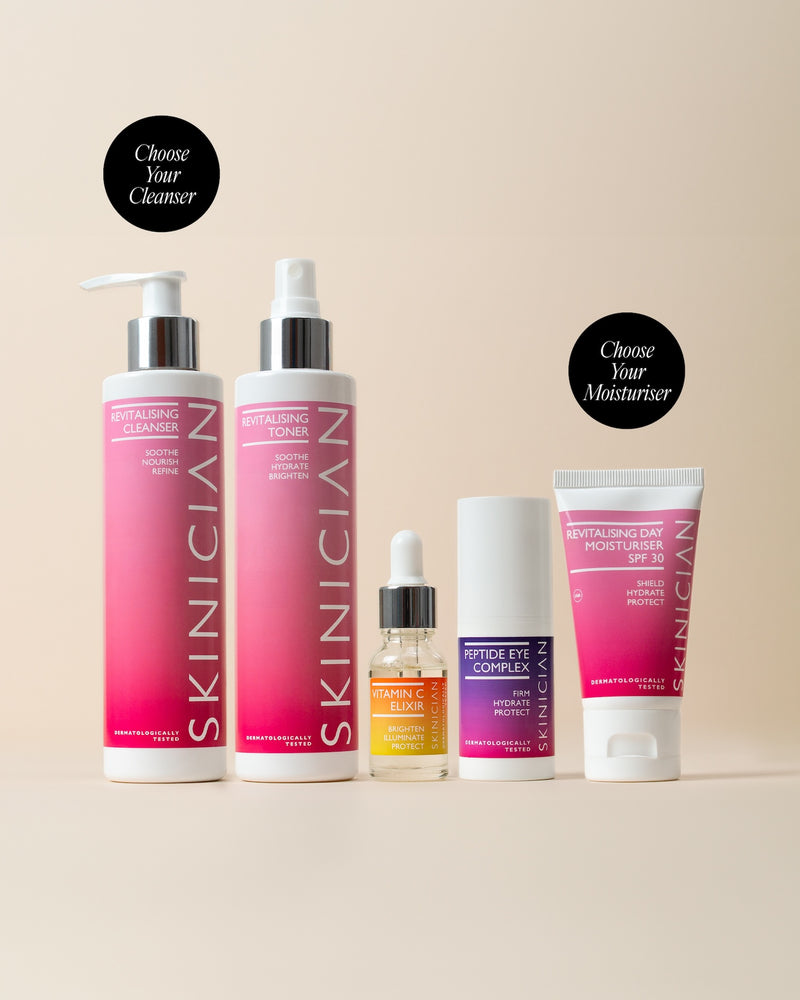 Skinician morning skincare routine products on a beige background, left to right: Revitalising Cleanser, Revitalising Toner, Vitamin C Elixir, Peptide Eye Complex, and Revitalising Day Moisturiser SPF 30, with prompts to choose your cleanser and moisturiser.