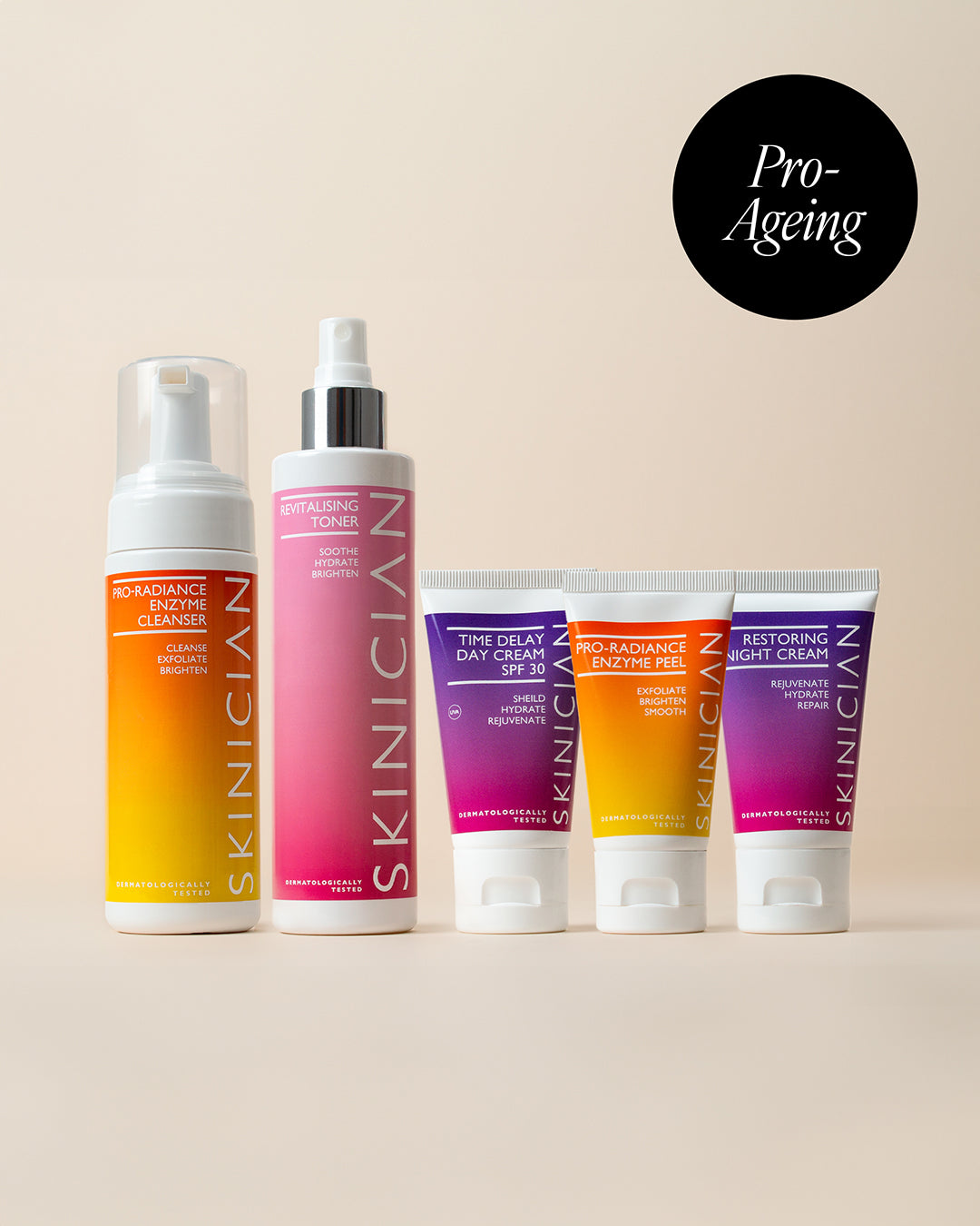 Image of products contained in the skincare bundle on.a beige background. Image features a circle in the corner with the text "pro-ageing"