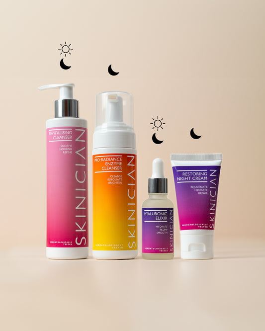 Skinician dry skin routine products on a beige background, left to right: Revitalising Cleanser (AM & PM), Pro-Radiance Enzyme Cleanser (PM), Hyaluronic Elixir (AM & PM), and Restoring Night Cream (PM), with sun and moon icons showing when to use each.