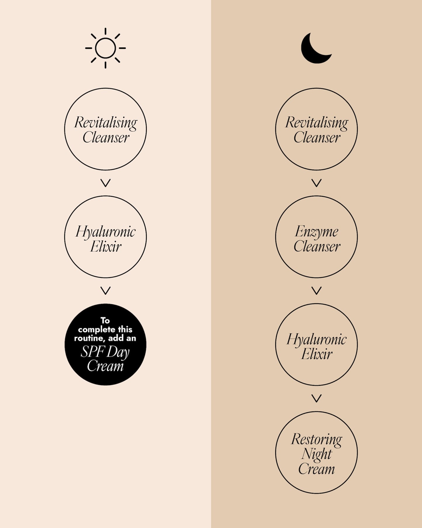 AM and PM skincare routine diagram for dry skin. Morning (sun icon): Revitalising Cleanser, Hyaluronic Elixir, then add SPF Day Cream. Night (moon icon): Revitalising Cleanser, Enzyme Cleanser, Hyaluronic Elixir, then Restoring Night Cream.