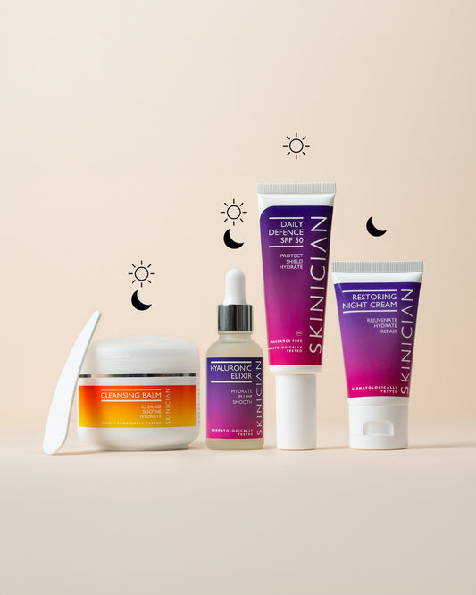 Skinician menopause skincare routine products on a beige background, left to right: Cleansing Balm (AM & PM), Hyaluronic Elixir (AM & PM), Daily Defence SPF 50 (AM), and Restoring Night Cream (PM), with sun and moon icons indicating when to use each product.