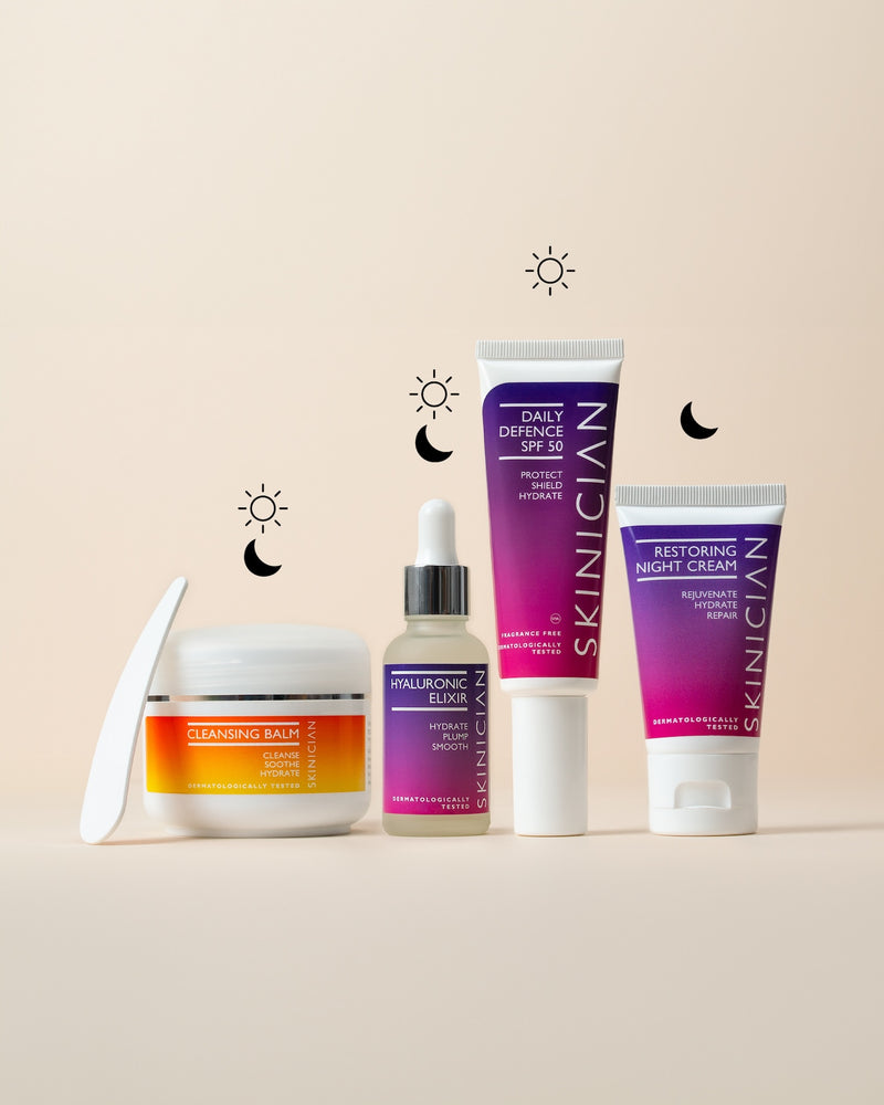 Skinician menopause skincare routine products on a beige background, left to right: Cleansing Balm (AM & PM), Hyaluronic Elixir (AM & PM), Daily Defence SPF 50 (AM), and Restoring Night Cream (PM), with sun and moon icons indicating when to use each product.
