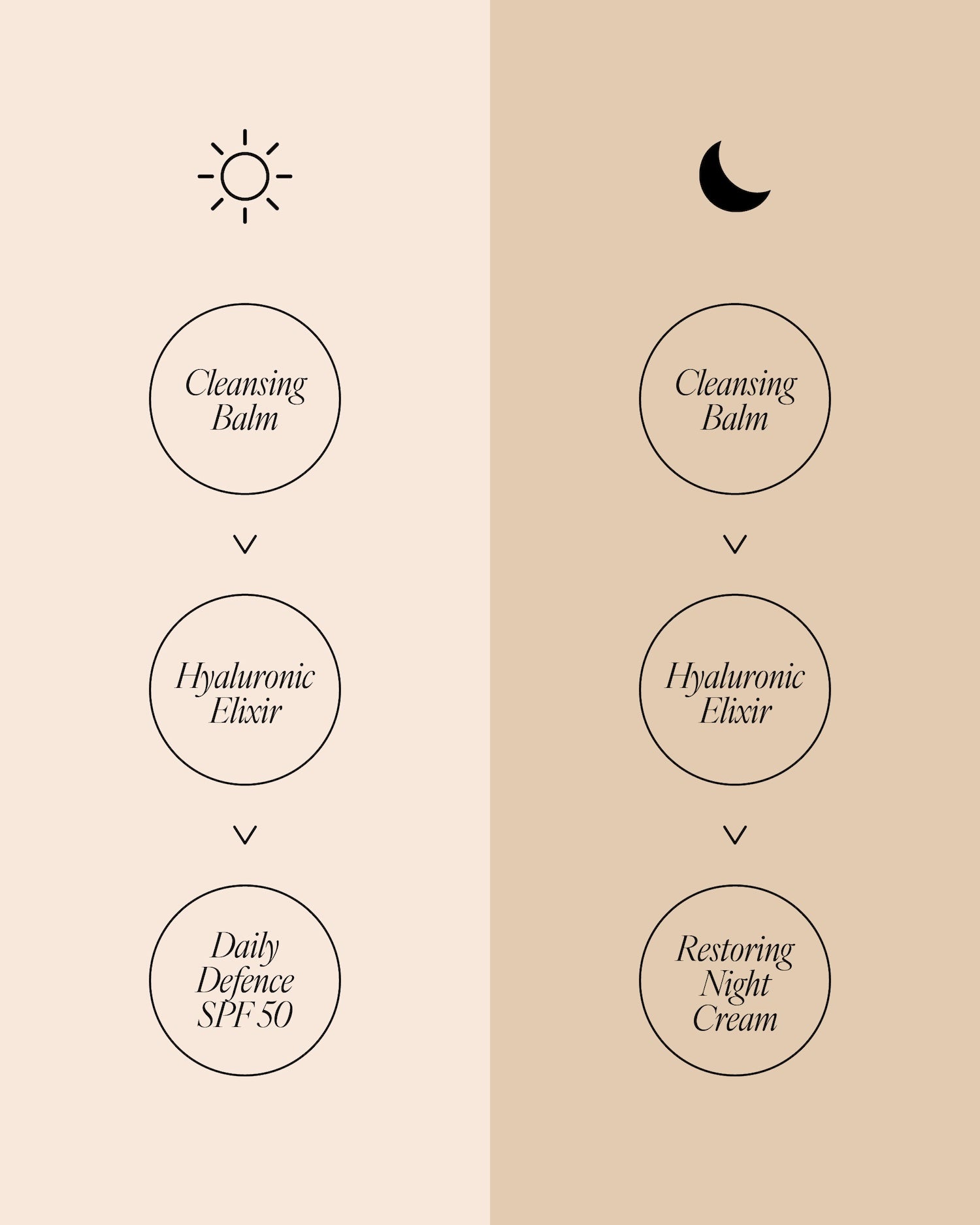 AM and PM skincare routine diagram for menopause skin. Morning (sun icon): Cleansing Balm, Hyaluronic Elixir, Daily Defence SPF 50. Night (moon icon): Cleansing Balm, Hyaluronic Elixir, Restoring Night Cream.