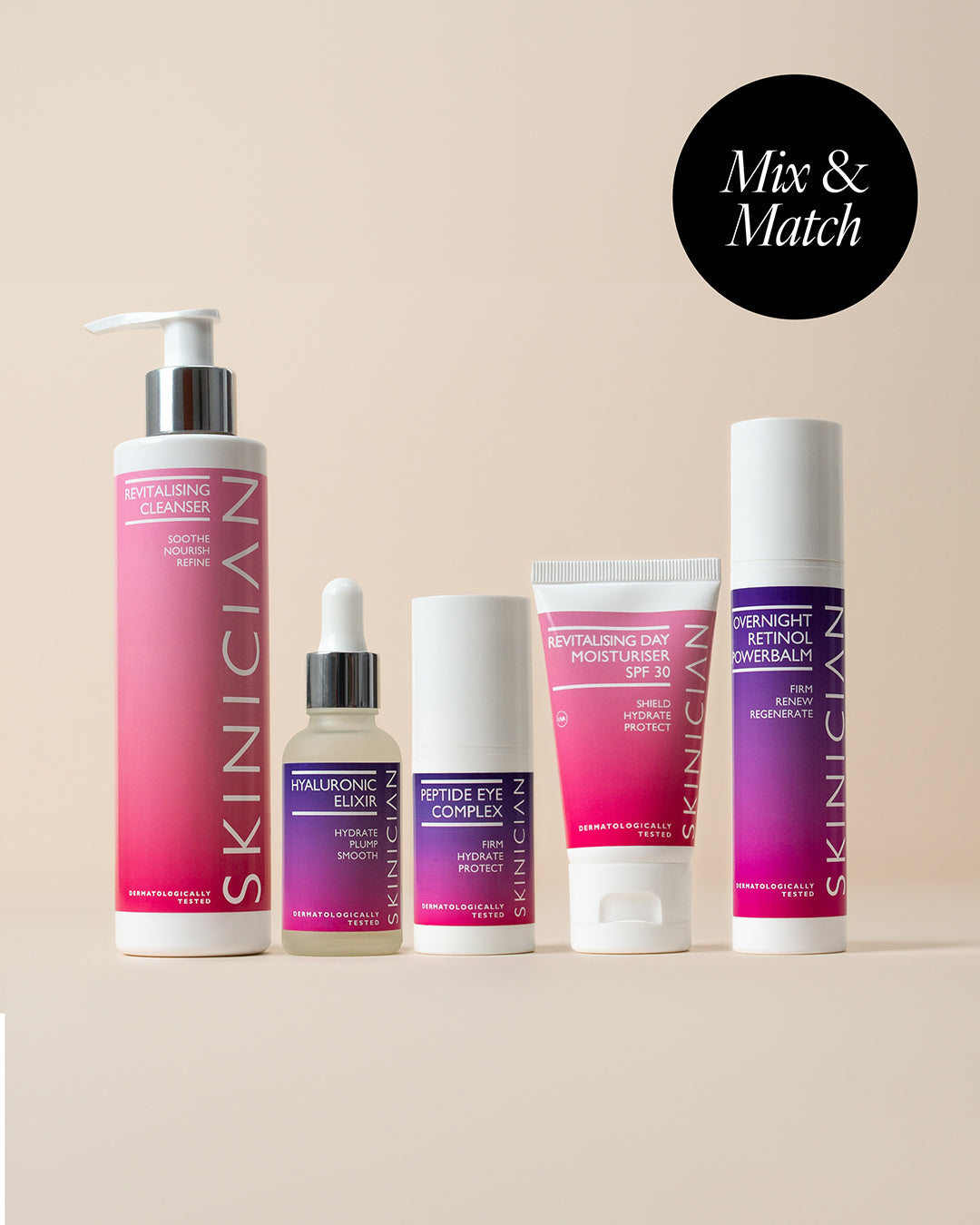 Collection of Skinician products contained in Hydration Heroes Bundle on a beige background