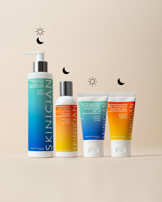 Skinician oily skin routine products on a beige background, left to right: Purifying Cleansing Gel (AM & PM), Glycolic Exfoliating Toner (PM), Purifying Day Moisturiser SPF 30 (AM), and Pro-Radiance Enzyme Peel (PM, 2 times weekly), with sun and moon icons showing when to use each.