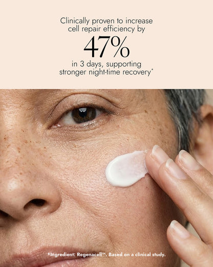Person applying cream to their face with text about clinical proven benefits. Text reads "clinically proven to increase cell repair efficiency by 47% in.3 days, supporting strong night-time recovery"