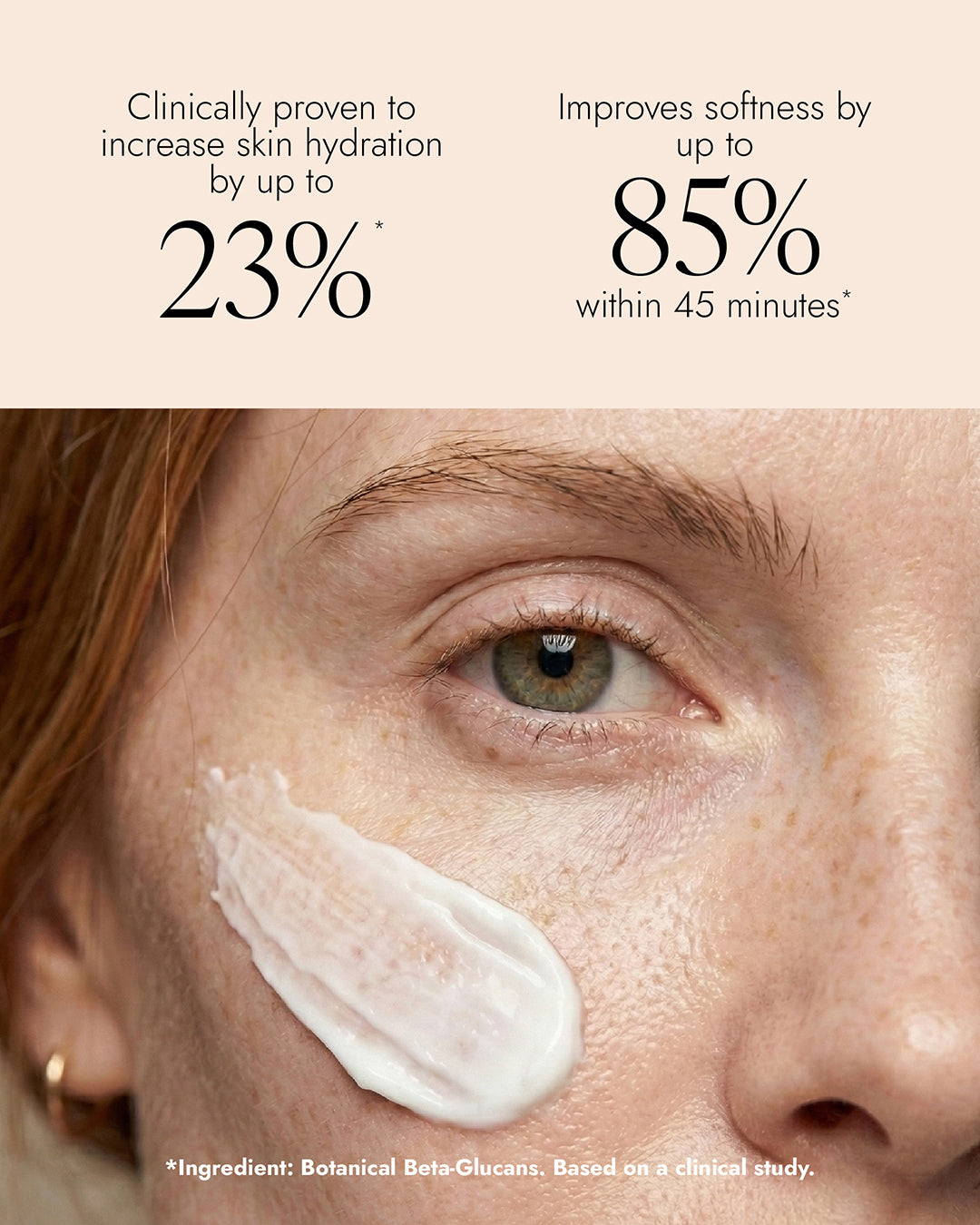 Close-up of a woman's face with cream applied, showing skin hydration improvement text.
