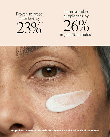 Close-up of a person's face with cream applied, showing text  "proven to boost moisture by 23%. Improves skin suppleness by 26% in just 45 minutes"