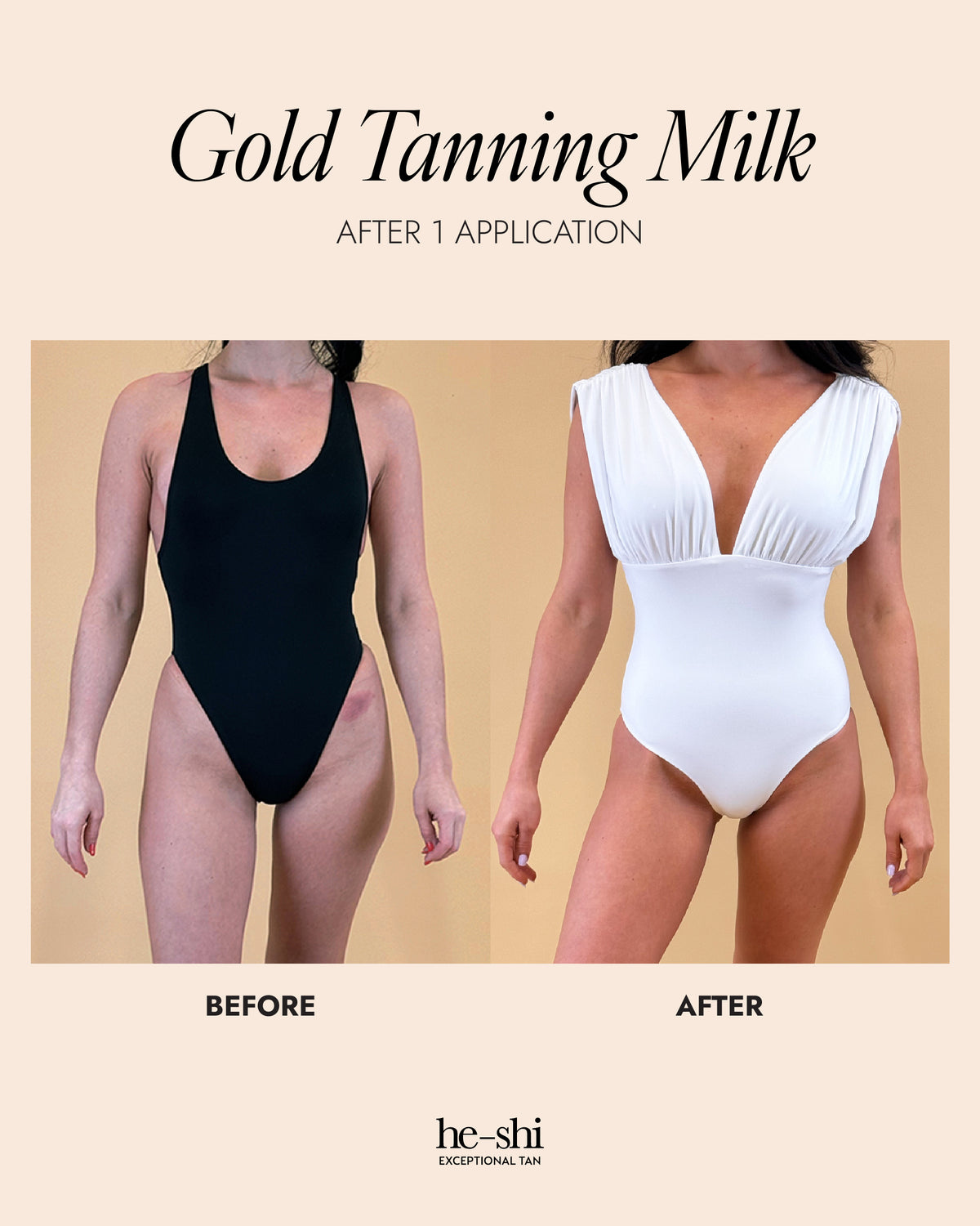 Image showing before and after results following use of the he-Shi Gold Tanning Milk