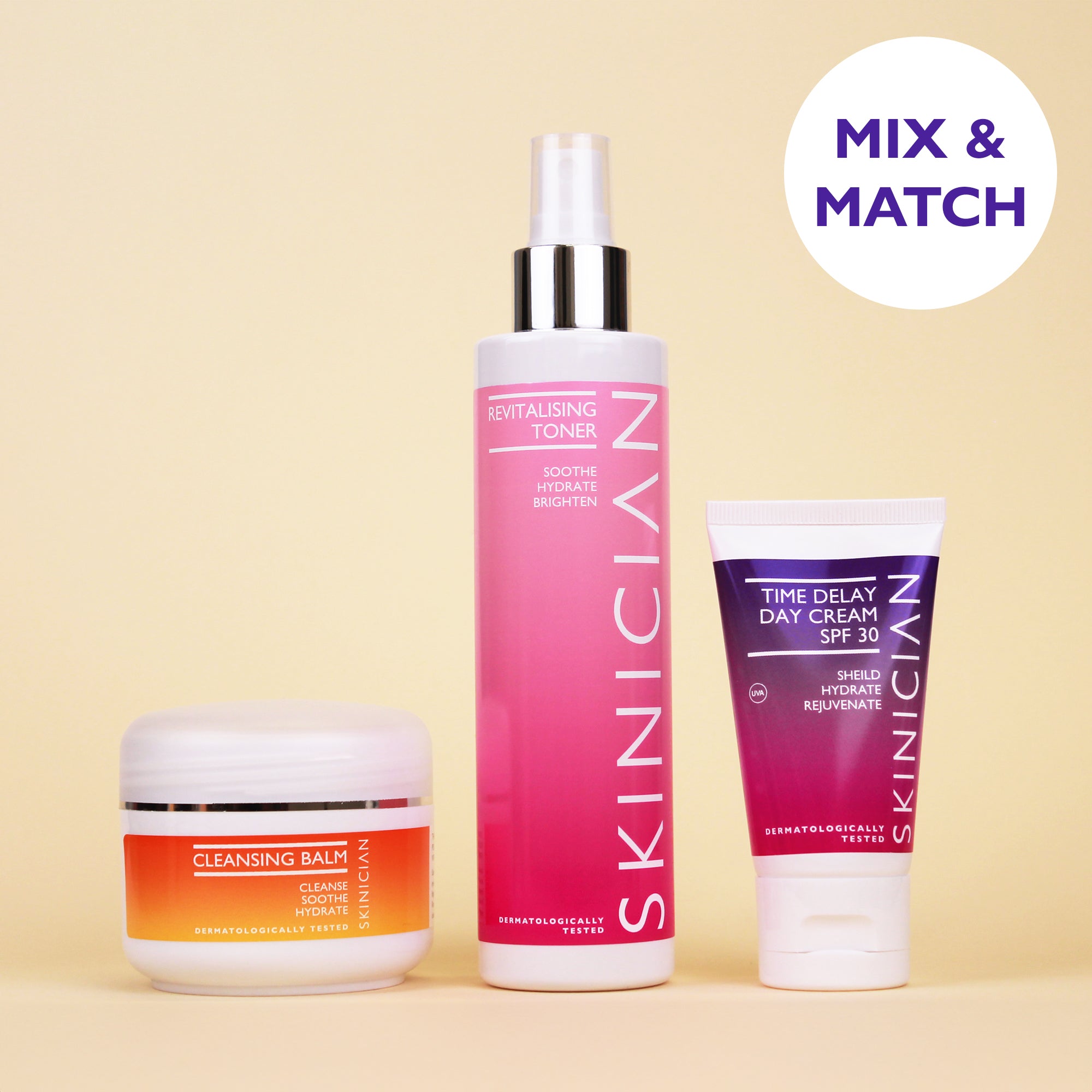 Three skincare products from Skinician on a beige background with 'Mix & Match' text.